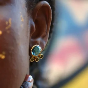 18 K Gold Earrings with Blue Topaz, Tourmalines