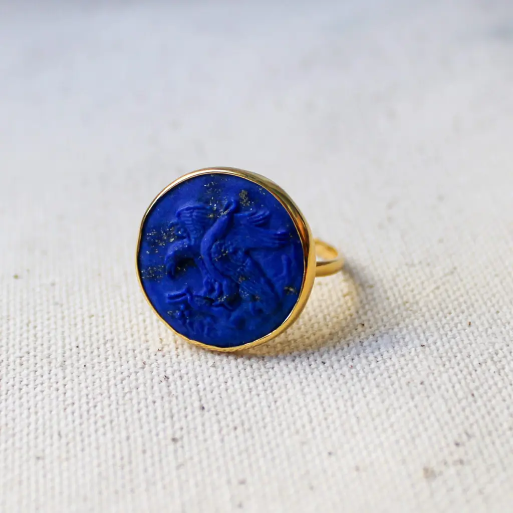 Heritage Selection- Handcarved Lapis Lazuli Coin Ring with Solid Gold