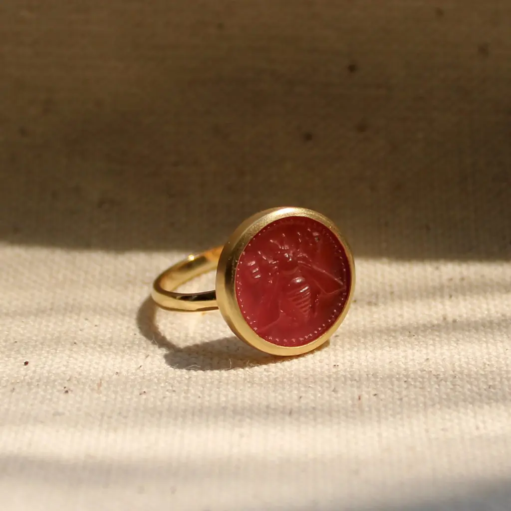Heritage Selection - Handcarved Cornelian Coin Ring with Solid Gold