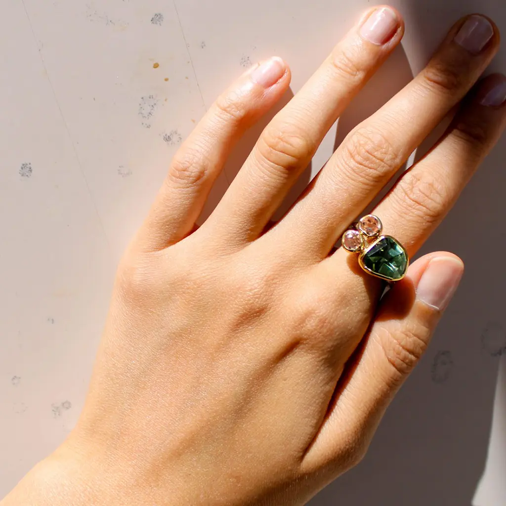 18K Gold Ring with Prasiolite and Morganite